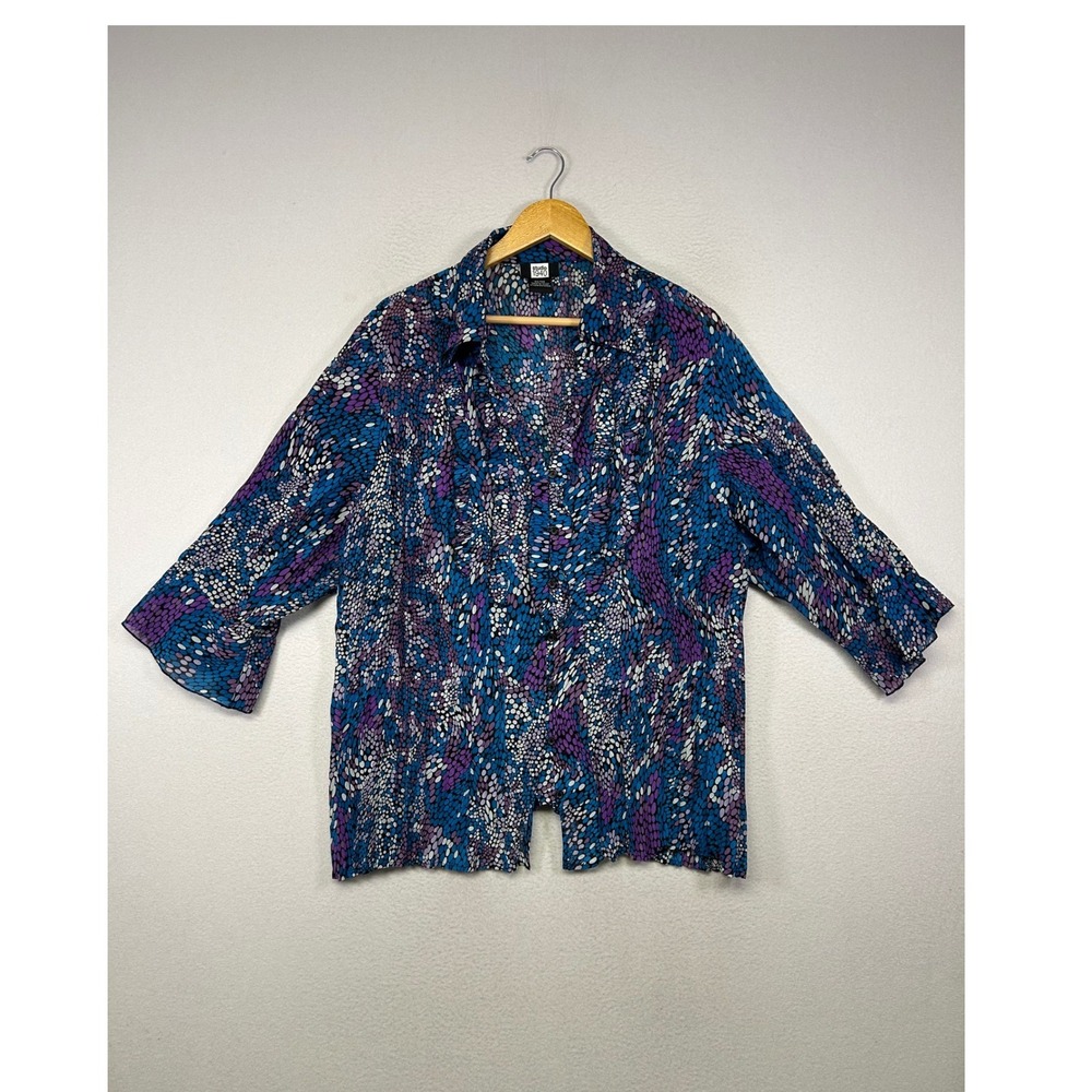 Abstract Art Studio 1940 Women 26/28 Blue Purple Pebble Print Ruffle Button Top